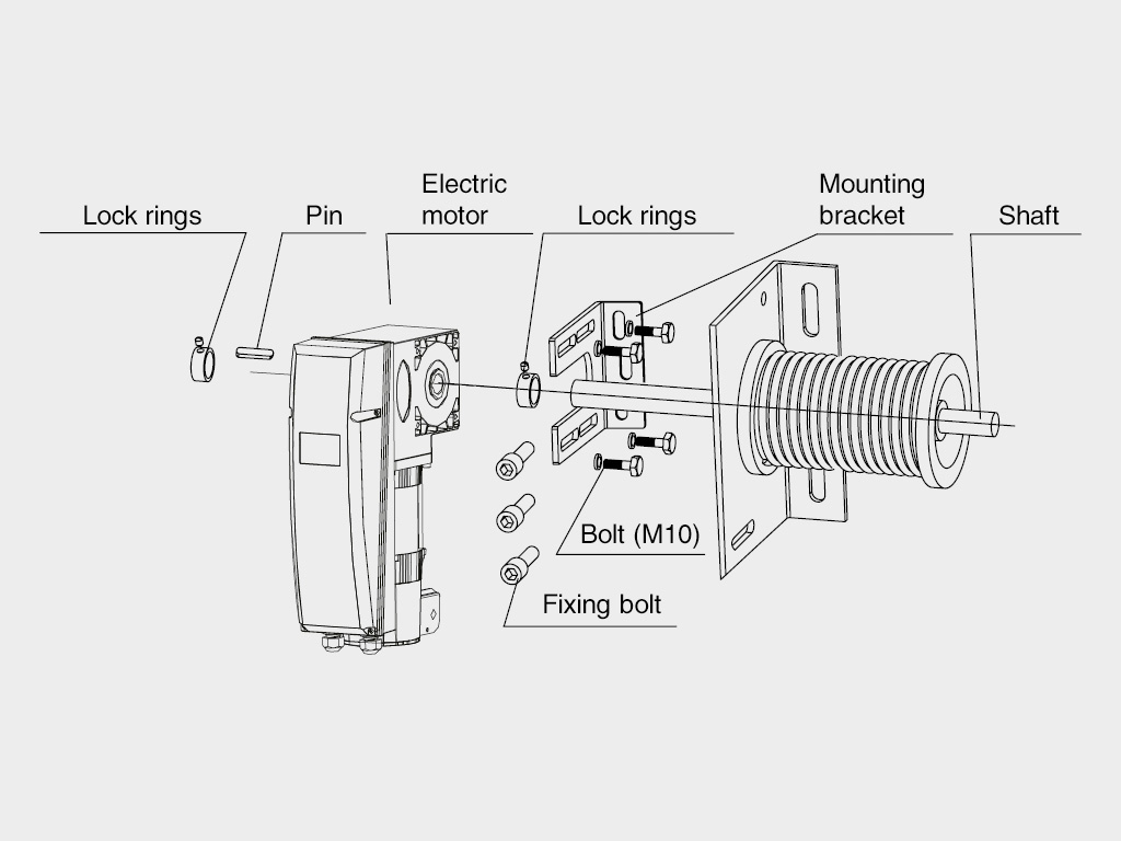 The operator is fitted to the shaft with a mounting bracket, a pin and a lock ring. The mounting bracket is fastened to the headroom screws.